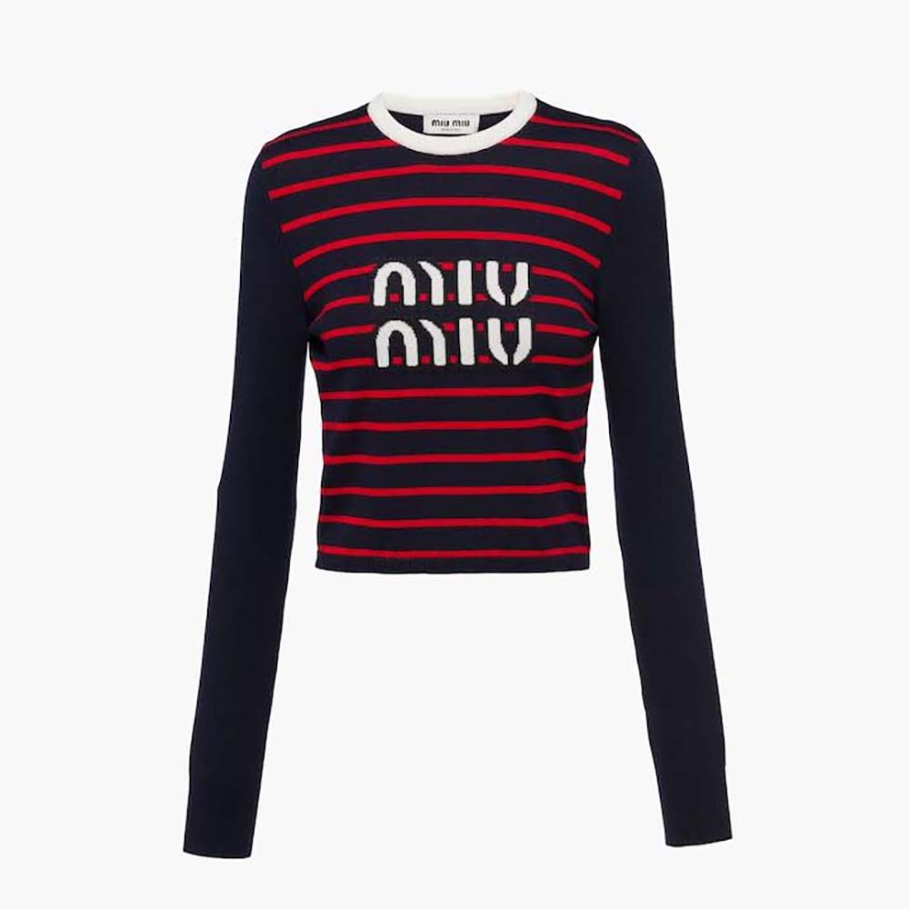 Front view of Miu Miu Women Wool Crew-Neck Sweater-Black