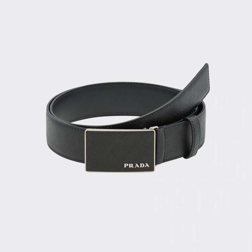 Front view of Prada Men Saffiano Leather Belt with Metal Lettering Logo-Black