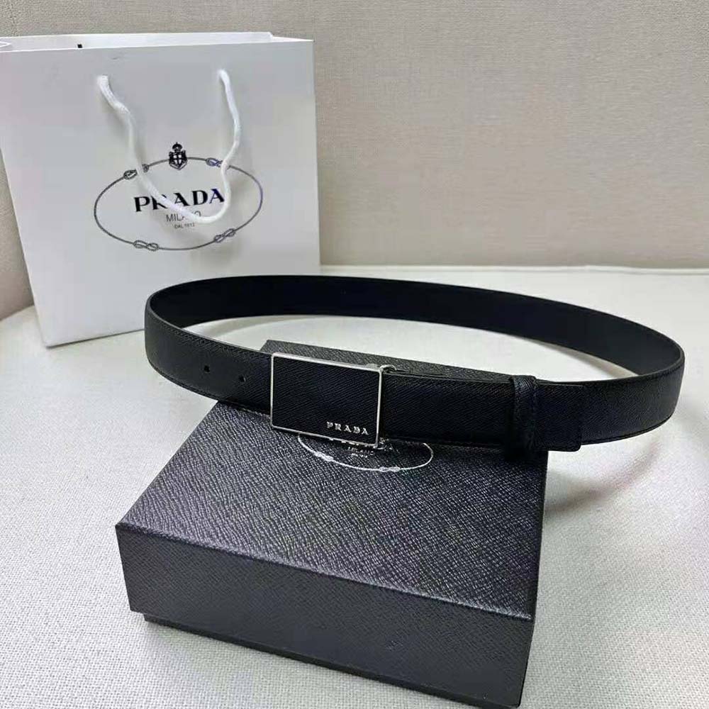 Close-up of metal lettering logo detail on Prada Men Saffiano Leather Belt
