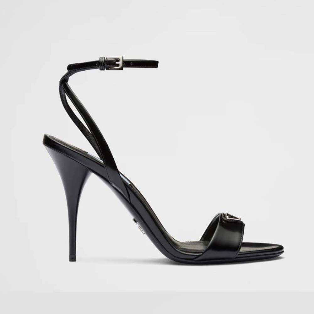 Side view of Prada Women Brushed Leather Sandals-Black showing high heel