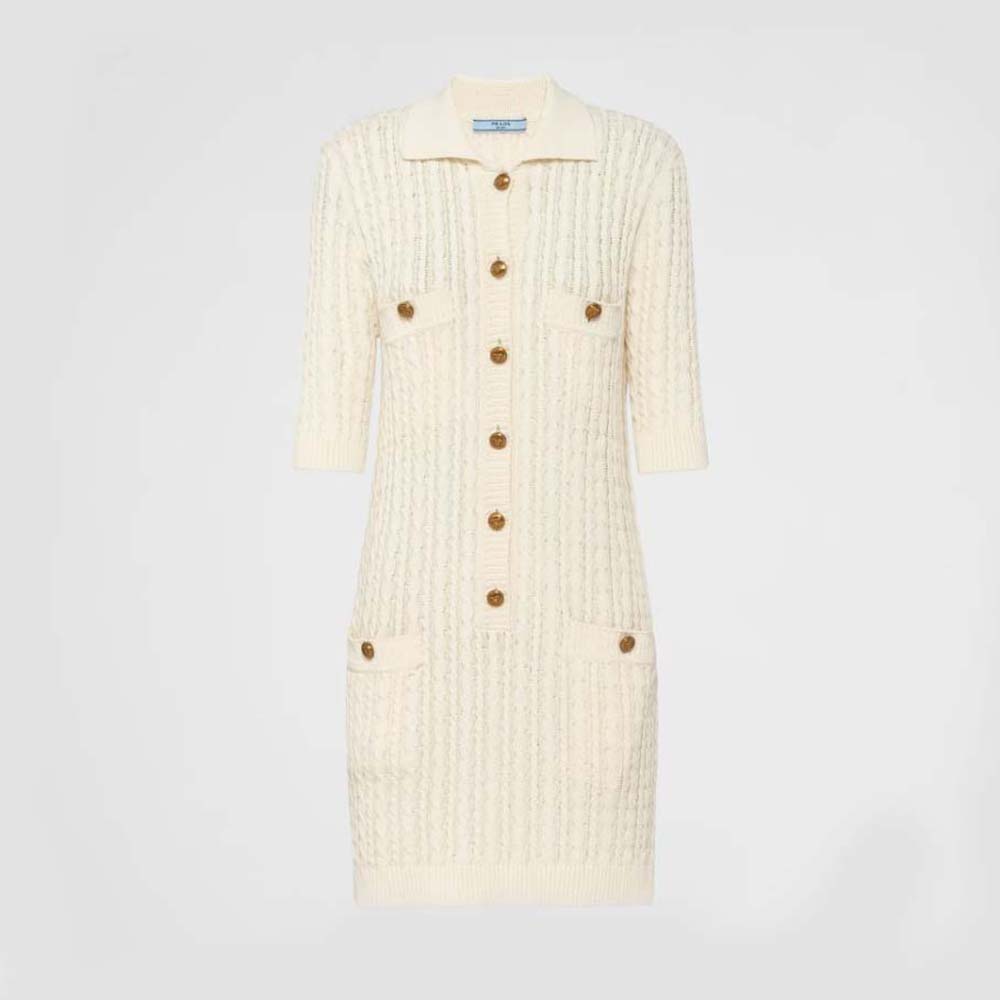 Front view of Prada Women Cable-Knit Cotton Mini-Dress in beige