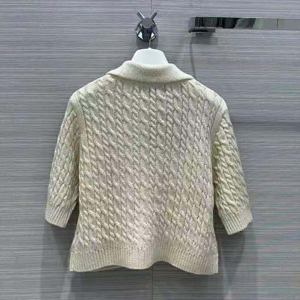 Side angle showing relaxed fit of Prada Women Cable-Knit Cotton Sweater