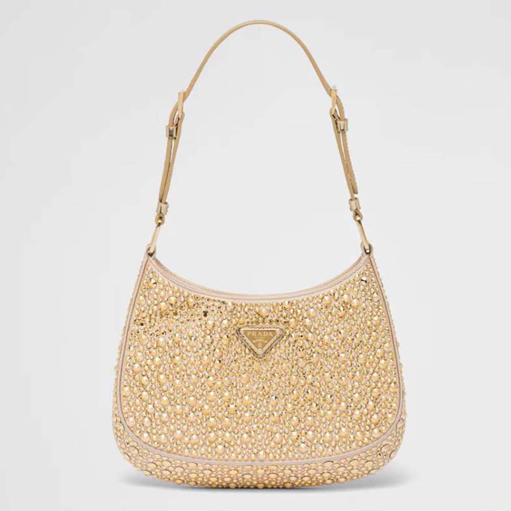 Front view of Prada Women Cleo Satin Bag with Crystals-Gold showing satin and crystals
