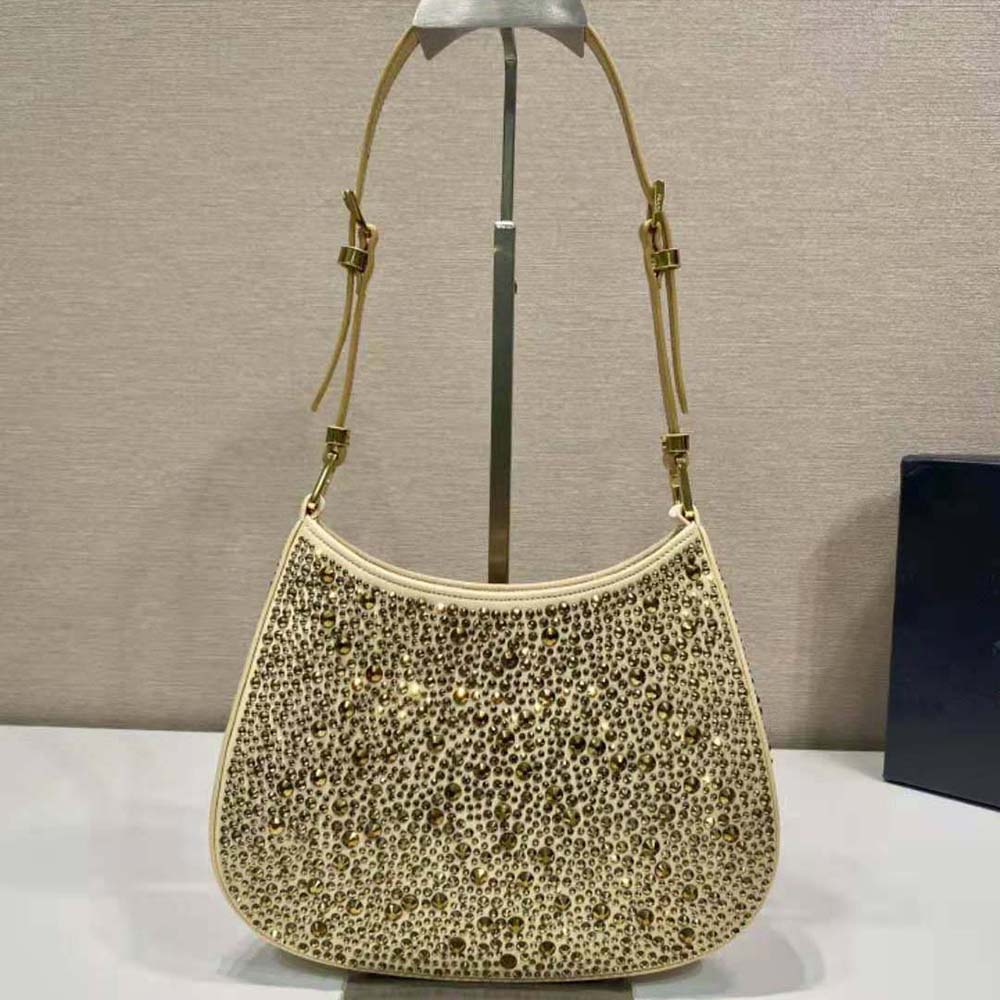Side profile of Prada Women Cleo Satin Bag with Crystals-Gold highlighting sleek silhouette