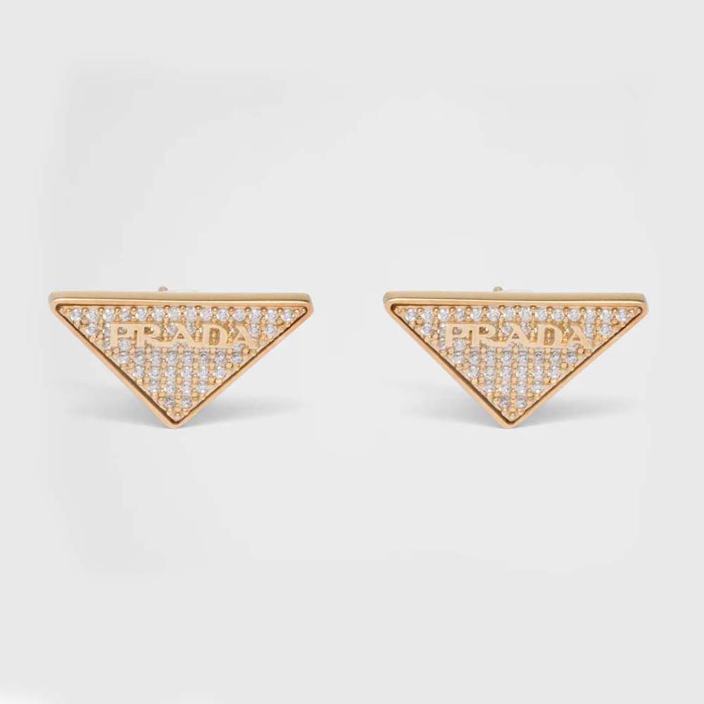 Front view of Prada Women Crystal Logo Jewels Zirconia Earrings in gold
