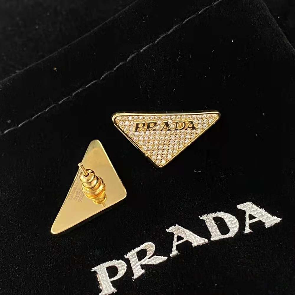 Side angle showing drop silhouette of Prada Women Crystal Logo Jewels Zirconia Earrings