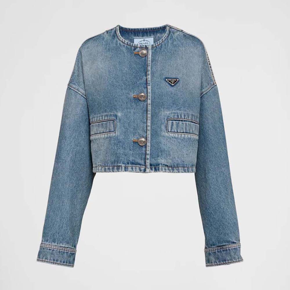 Front view of Prada Women Denim Blouson Jacket with logo