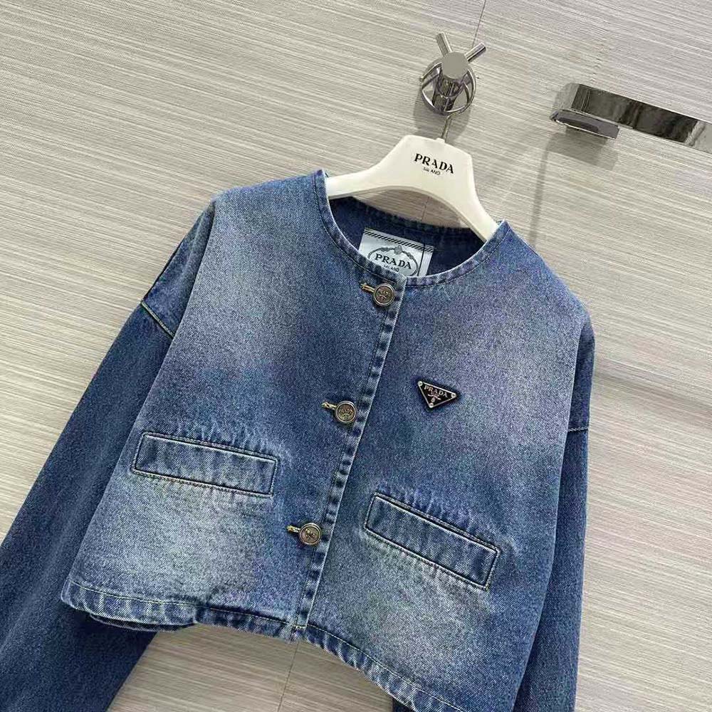 Prada Women Denim Blouson Jacket with Enameled Metal Triangle Logo - image 4