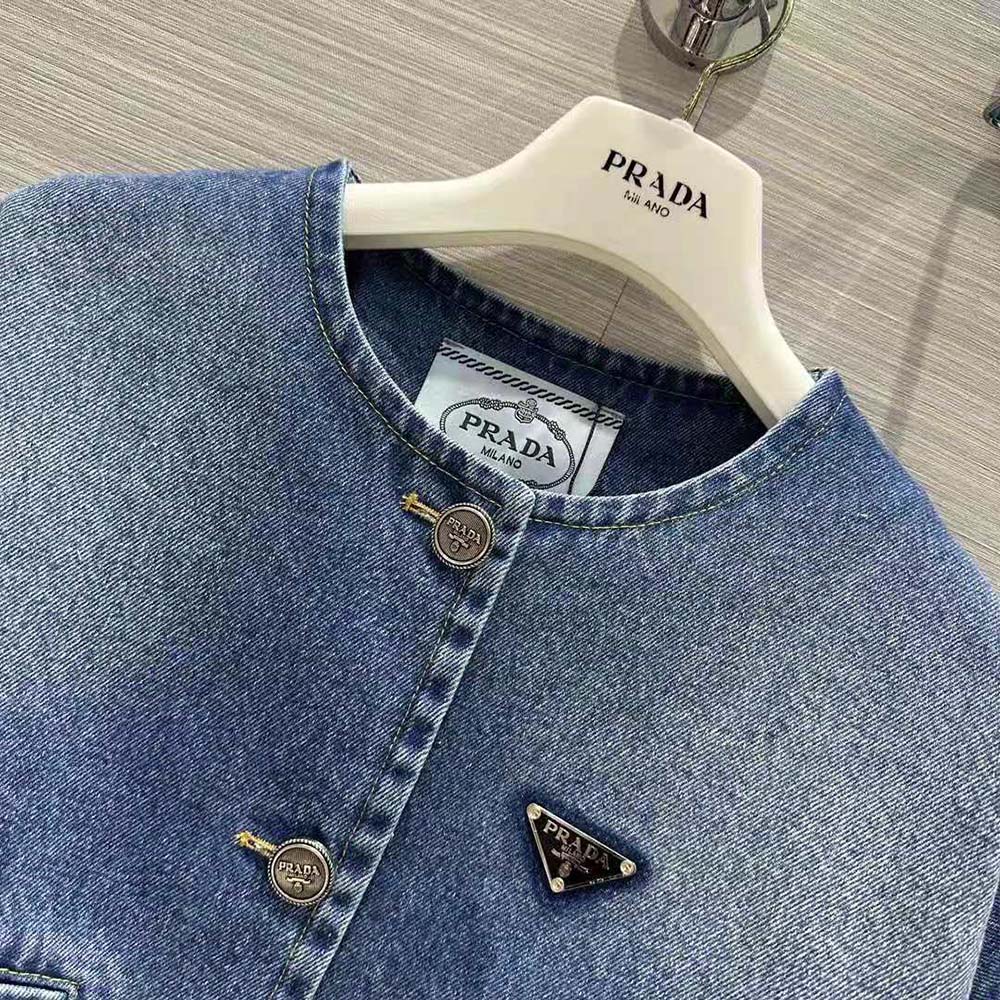 Prada Women Denim Blouson Jacket with Enameled Metal Triangle Logo - image 6