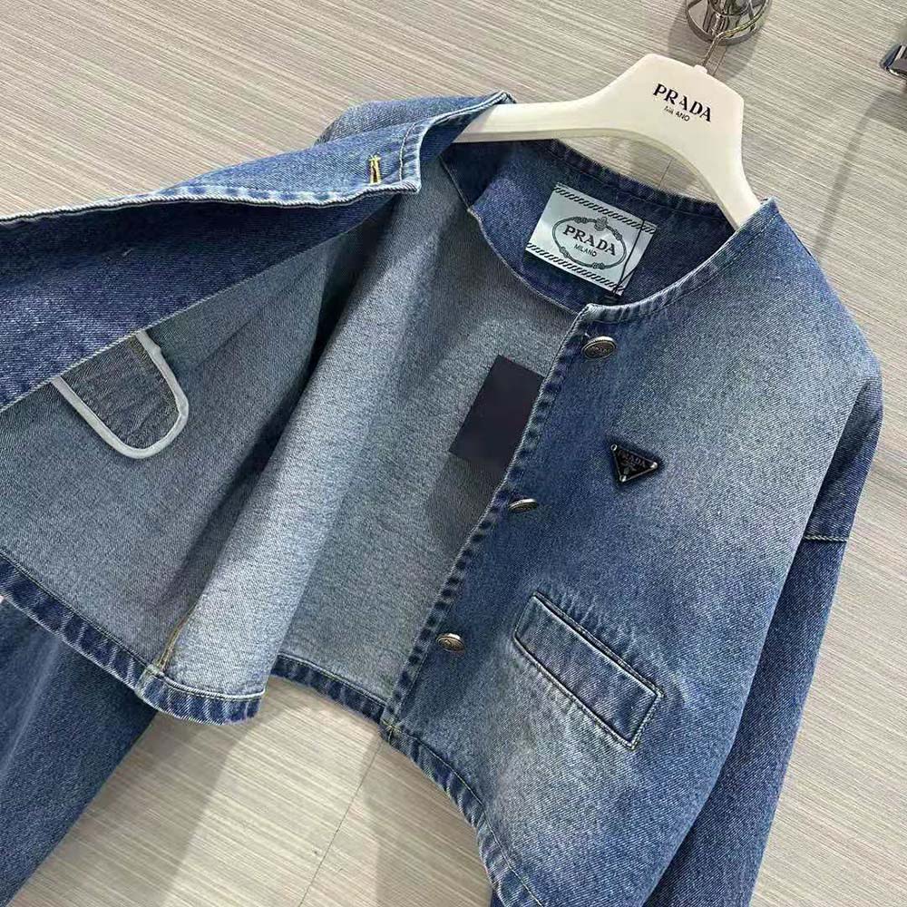 Prada Women Denim Blouson Jacket with Enameled Metal Triangle Logo - image 5