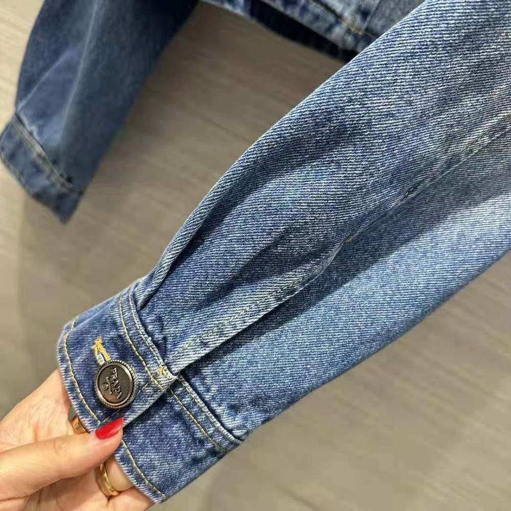 Prada Women Denim Blouson Jacket with Enameled Metal Triangle Logo - image 9