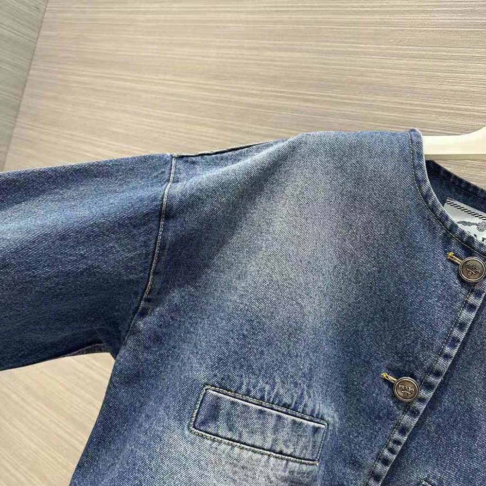 Prada Women Denim Blouson Jacket with Enameled Metal Triangle Logo - image 7