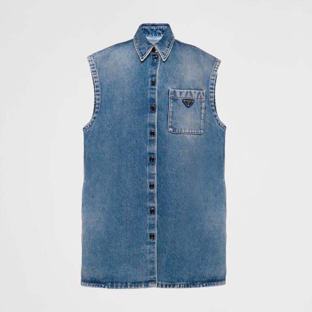 Front view of Prada Women Denim Shirt with Triangle Logo-Navy buttoned