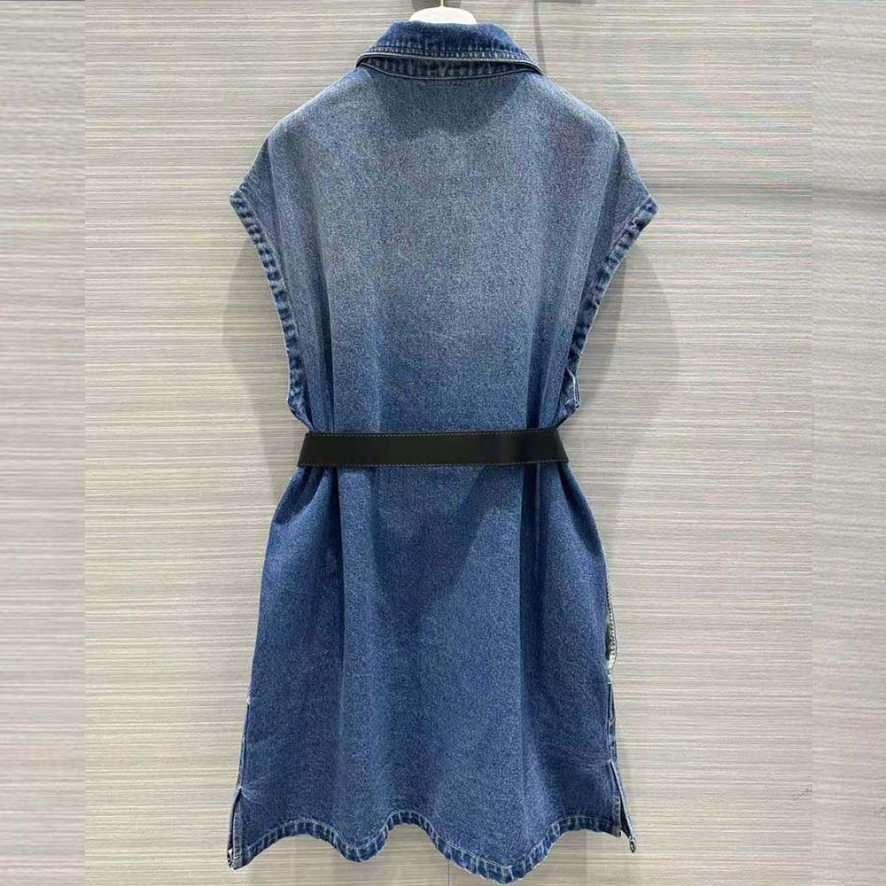 Side angle showing slim fit of Prada Women Denim Shirt with Triangle Logo-Navy