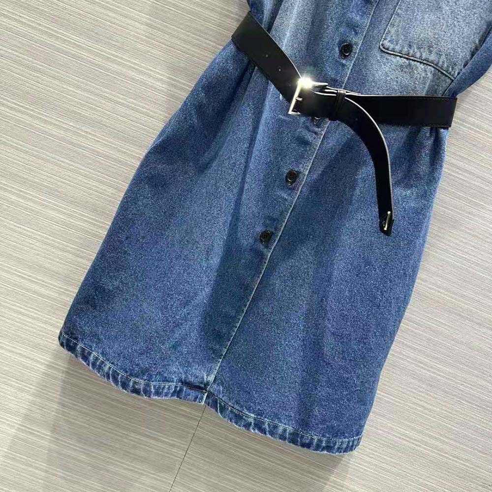 Prada Women Denim Shirt with Triangle Logo-Navy - image 7