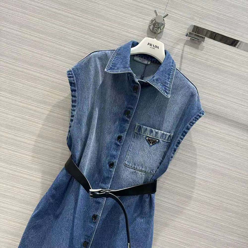 Prada Women Denim Shirt with Triangle Logo-Navy - image 4