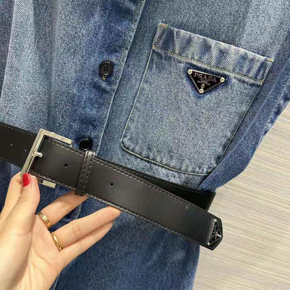 Prada Women Denim Shirt with Triangle Logo-Navy - image 9