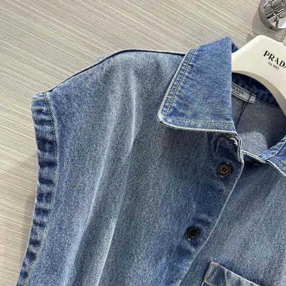 Prada Women Denim Shirt with Triangle Logo-Navy - image 6