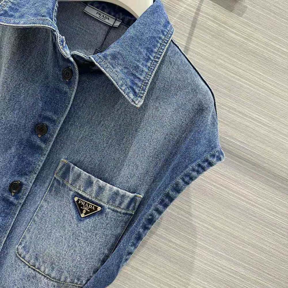 Prada Women Denim Shirt with Triangle Logo-Navy - image 5