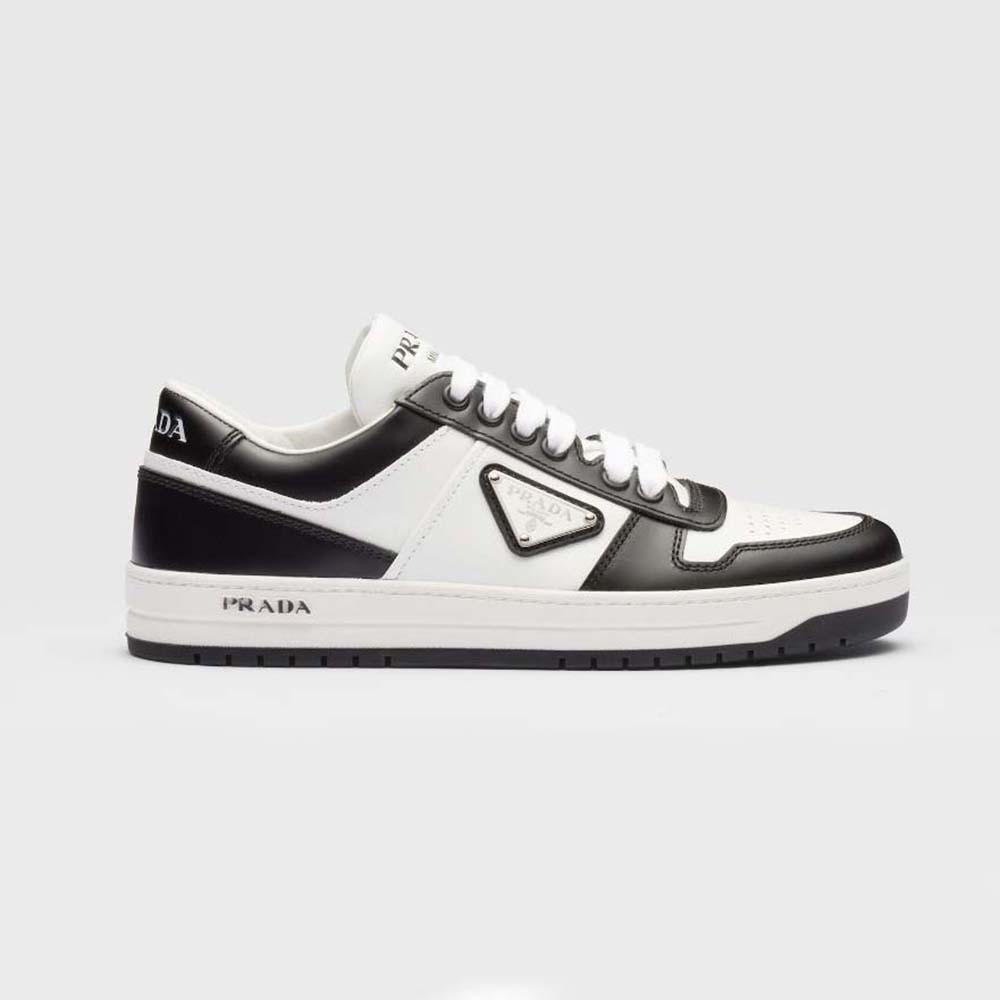 Side view of Prada Women Downtown Leather Sneakers-White showing sleek silhouette