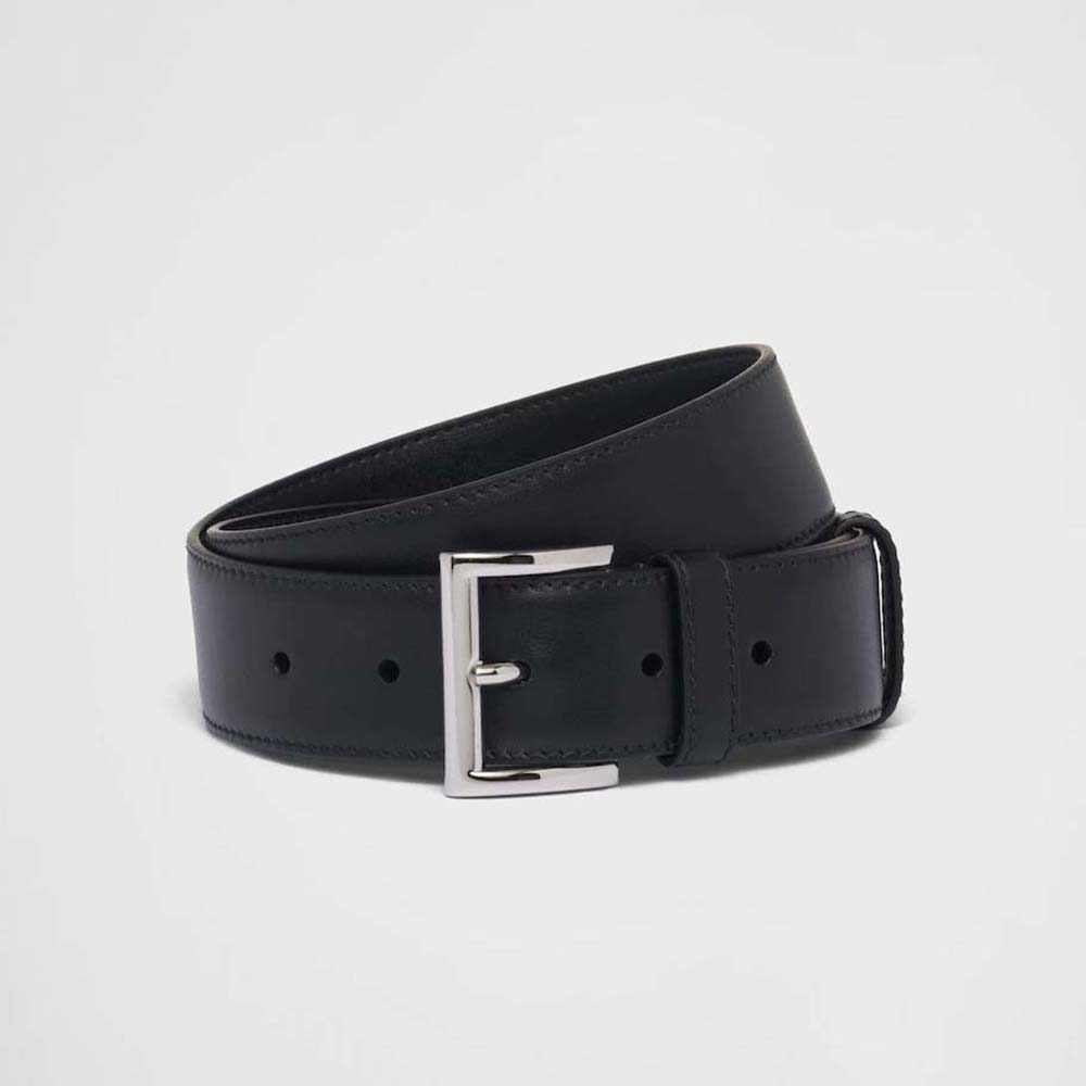 Front view of Prada Women Leather Belt with enameled-metal triangle logo in black