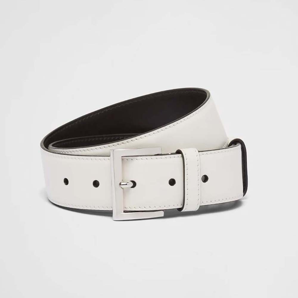 Front view of Prada Women Leather Belt with white leather and triangle logo