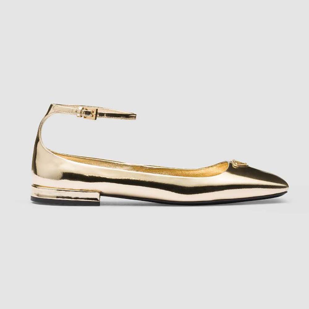 Side view of Prada Women Metallic Leather Ballerinas-Gold showing sleek silhouette