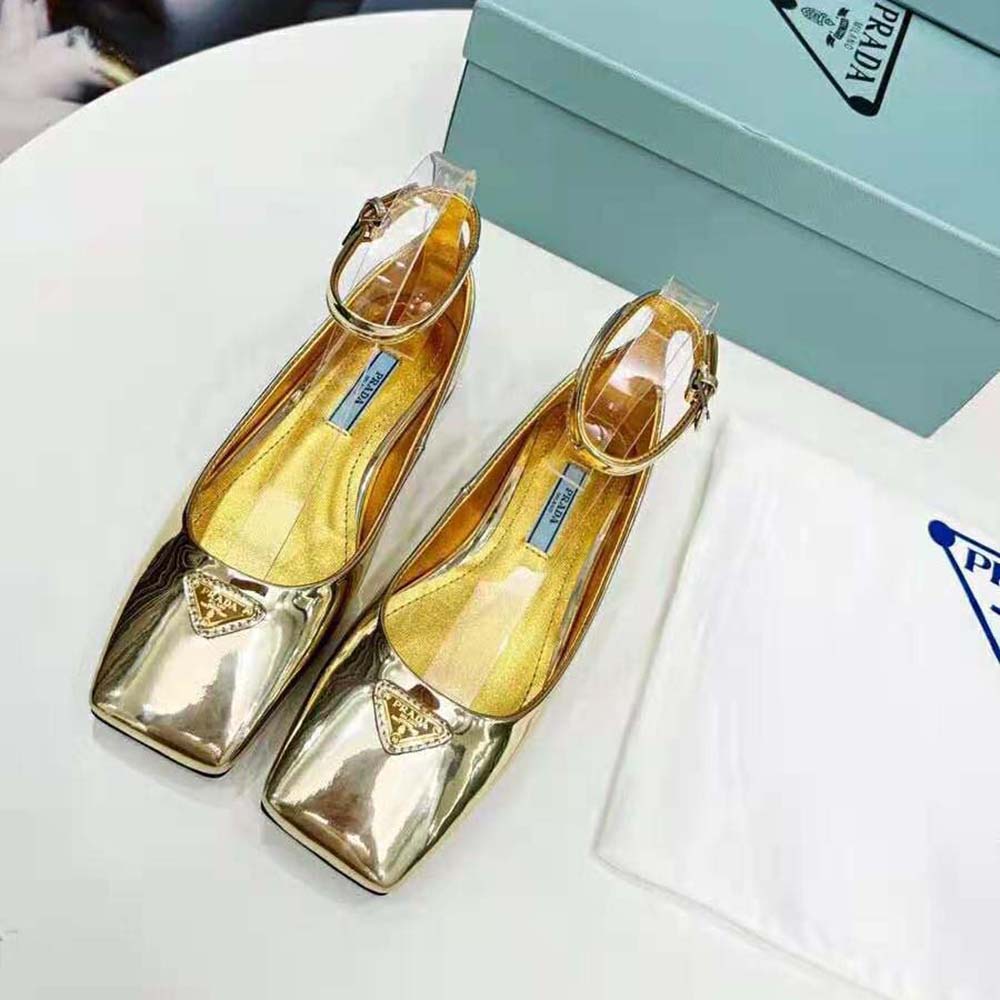 Top view highlighting signature insole and rounded toe of Prada Women Metallic Leather Ballerinas-Gold