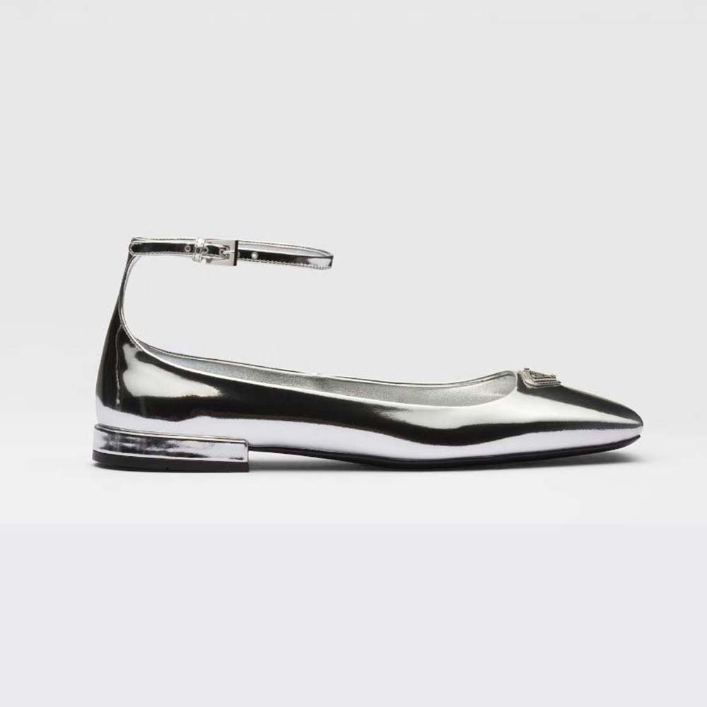 Side profile of Prada Women Metallic Leather Ballerinas-Silver showing silhouette