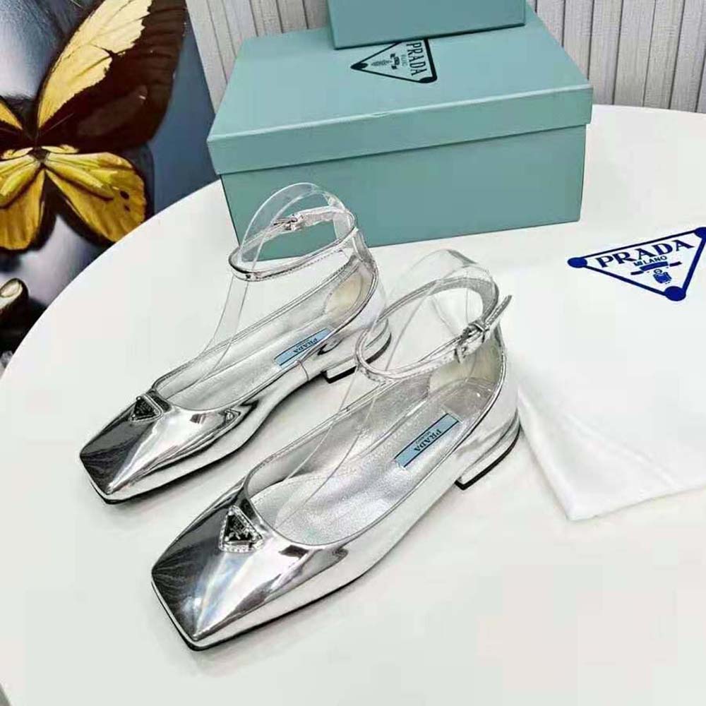 Top view of Prada Women Metallic Leather Ballerinas-Silver showcasing rounded toe