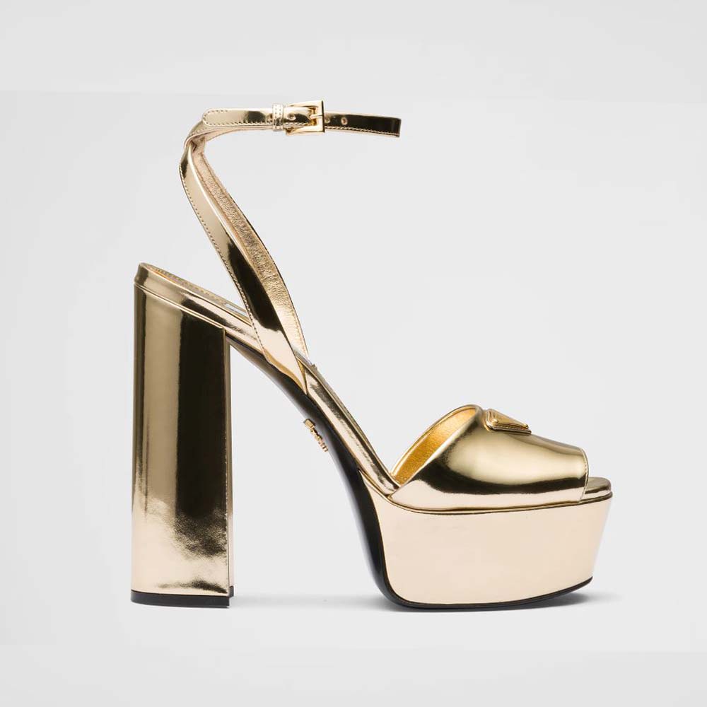 Front angle of Prada Women Metallic Leather Platform Sandals in gold
