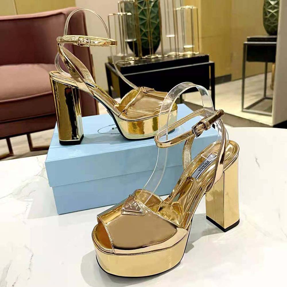 Side view showing high heel and platform of Prada Women Metallic Leather Platform Sandals