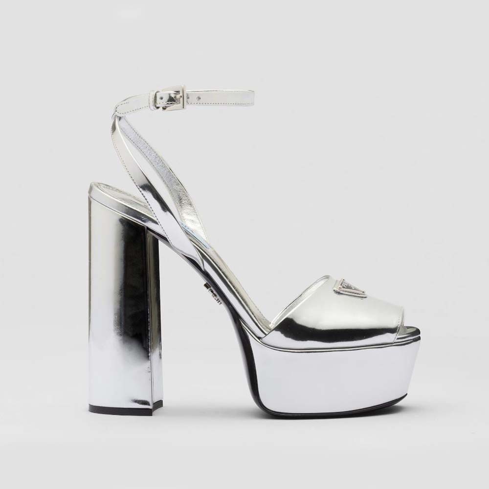 Side view of Prada Women Metallic Leather Platform Sandals-Silver showing silhouette