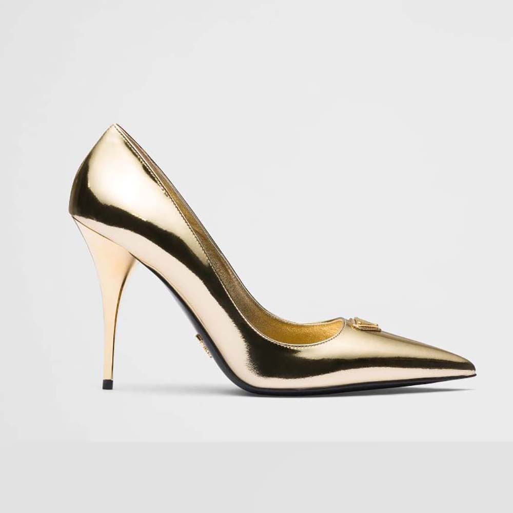Side view of Prada Women Metallic Leather Pumps-Gold showing heel height