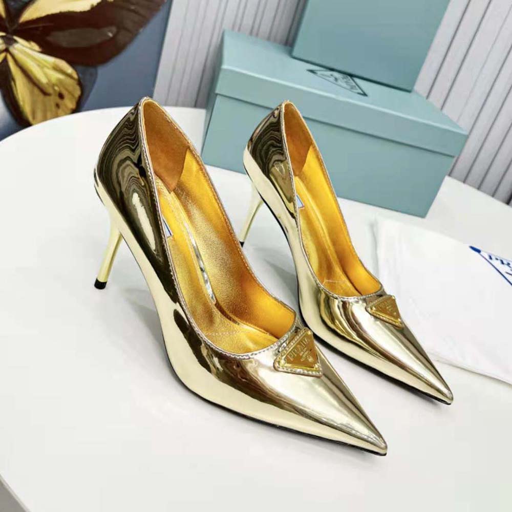 Overhead angle of Prada Women Metallic Leather Pumps-Gold slip-on style