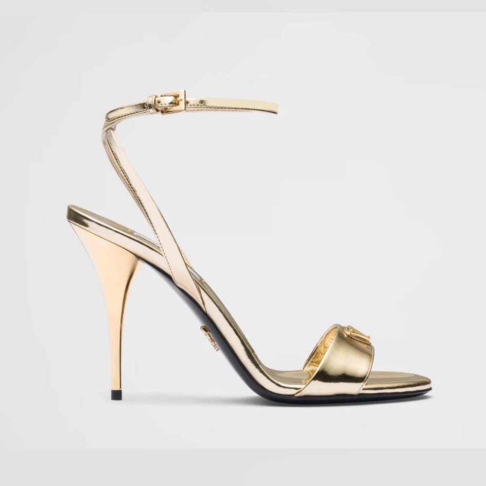 Side view of Prada Women Metallic Leather Sandals-Gold showing heel