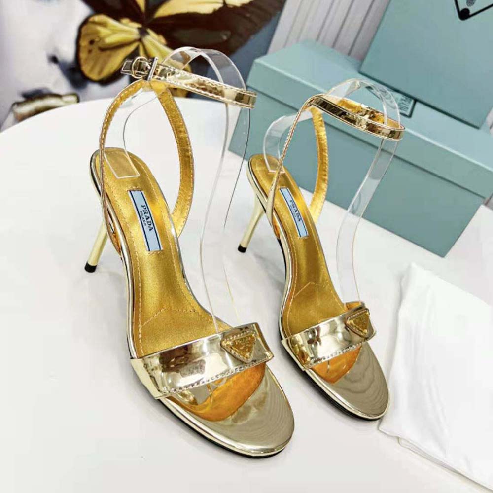 Top-down shot of Prada Women Metallic Leather Sandals-Gold open toe