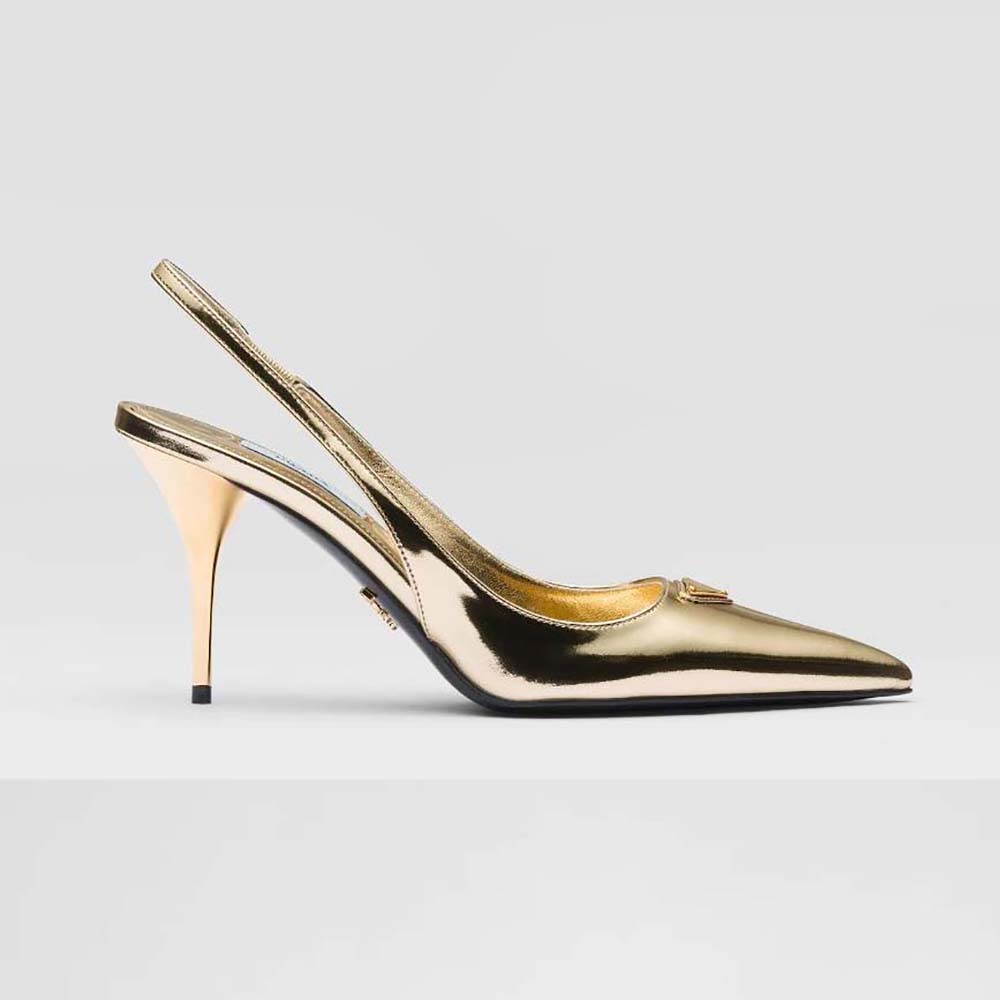 Side view of Prada Women Metallic Leather Slingback Pumps-Gold showcasing silhouette