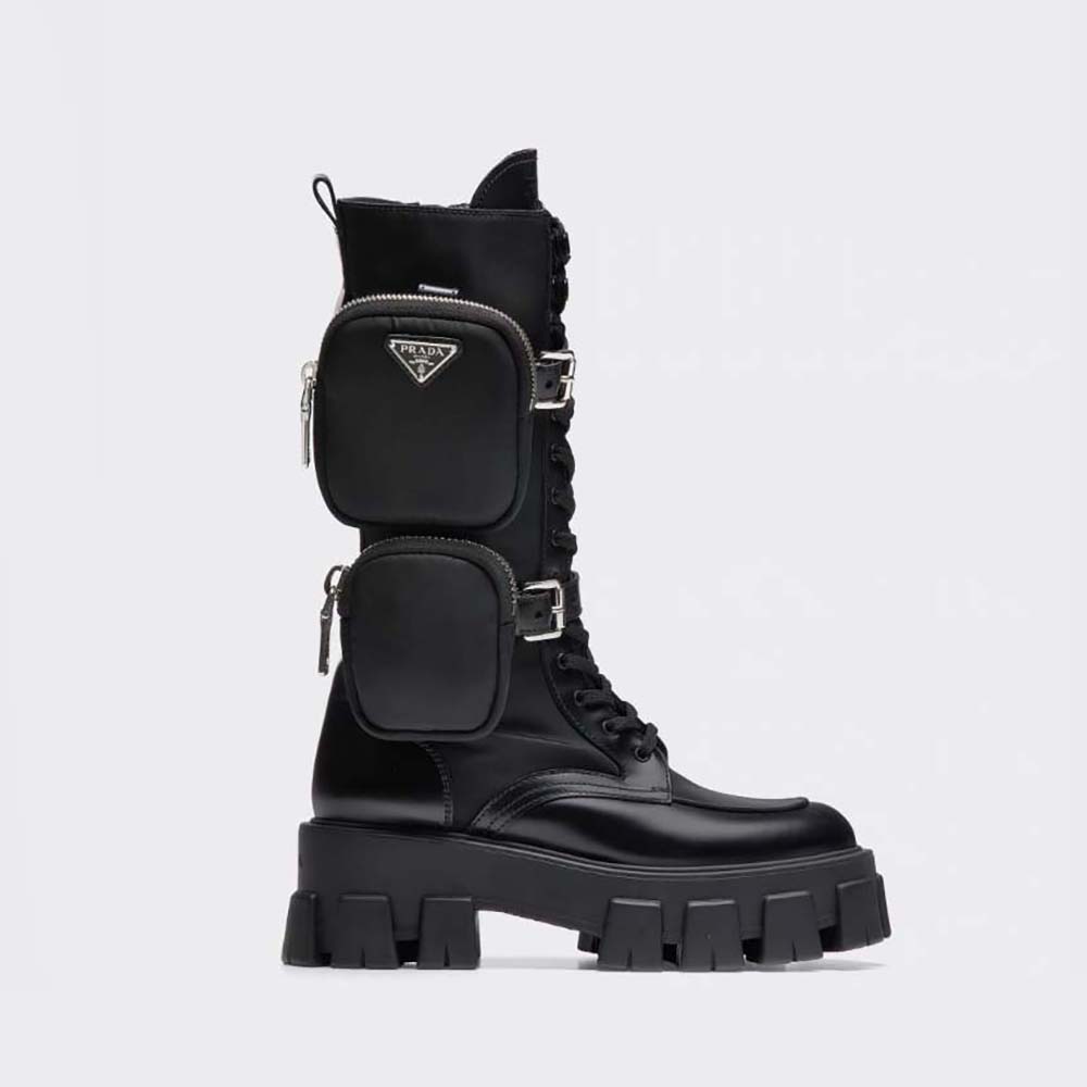 Side view of Prada Women Monolith Leather and Nylon Boots-Black showing chunky sole