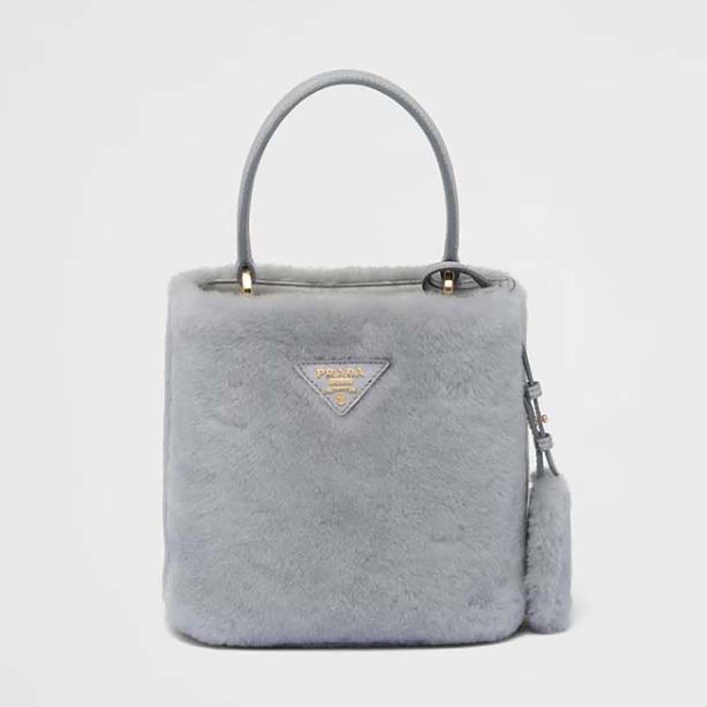 Front view of Prada Women Panier Shearling Mini-Bag-Silver highlighting shearling texture