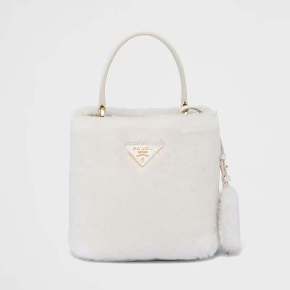 Front view of Prada Women Panier Shearling Mini-Bag-White in plush shearling