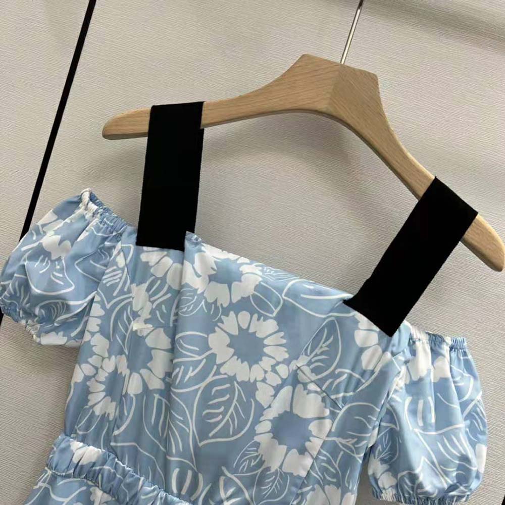 Side angle highlighting relaxed silhouette of Prada Women Printed Poplin Dress-Blue