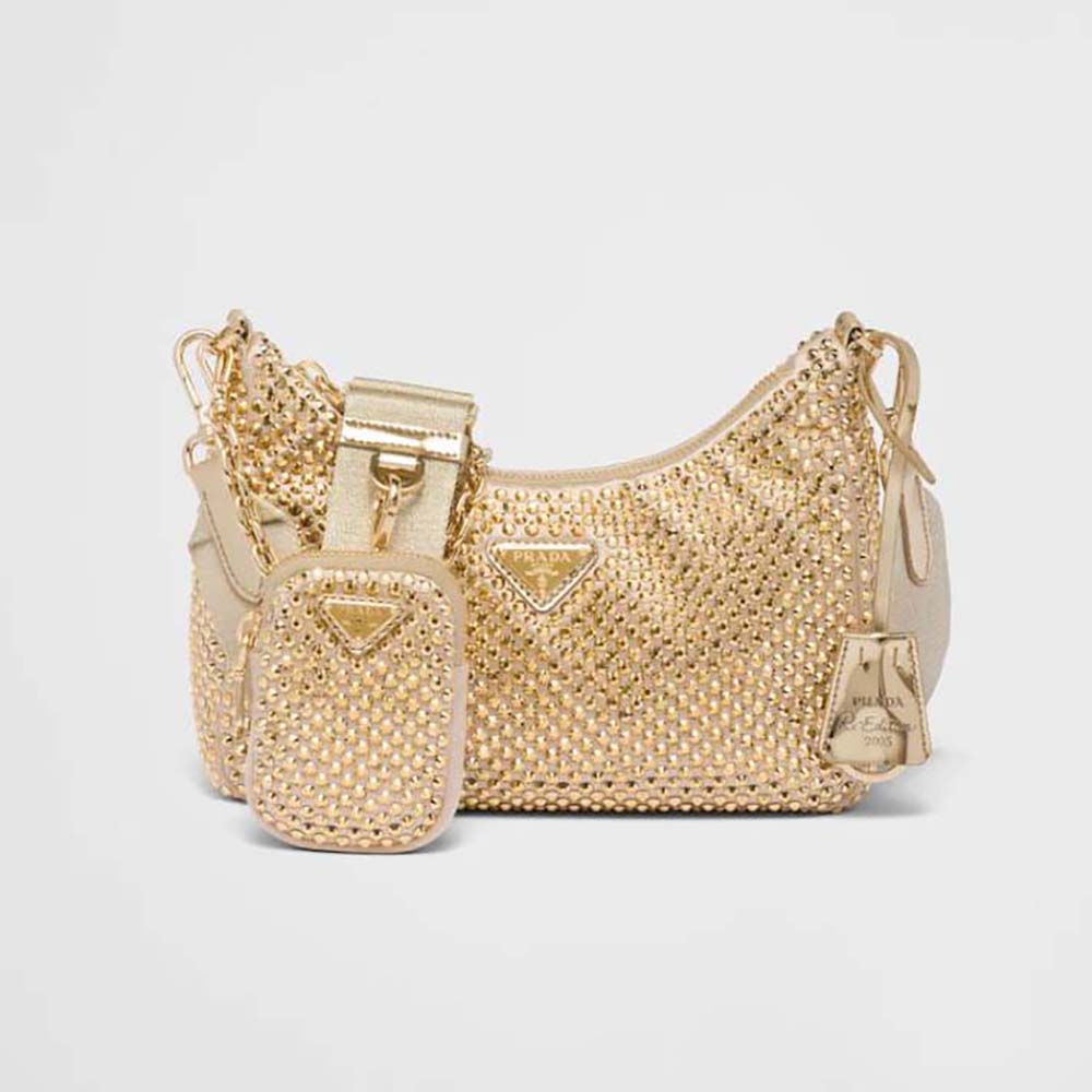Front view of Prada Women Re-Edition 2005 Satin Bag with Crystals-Gold