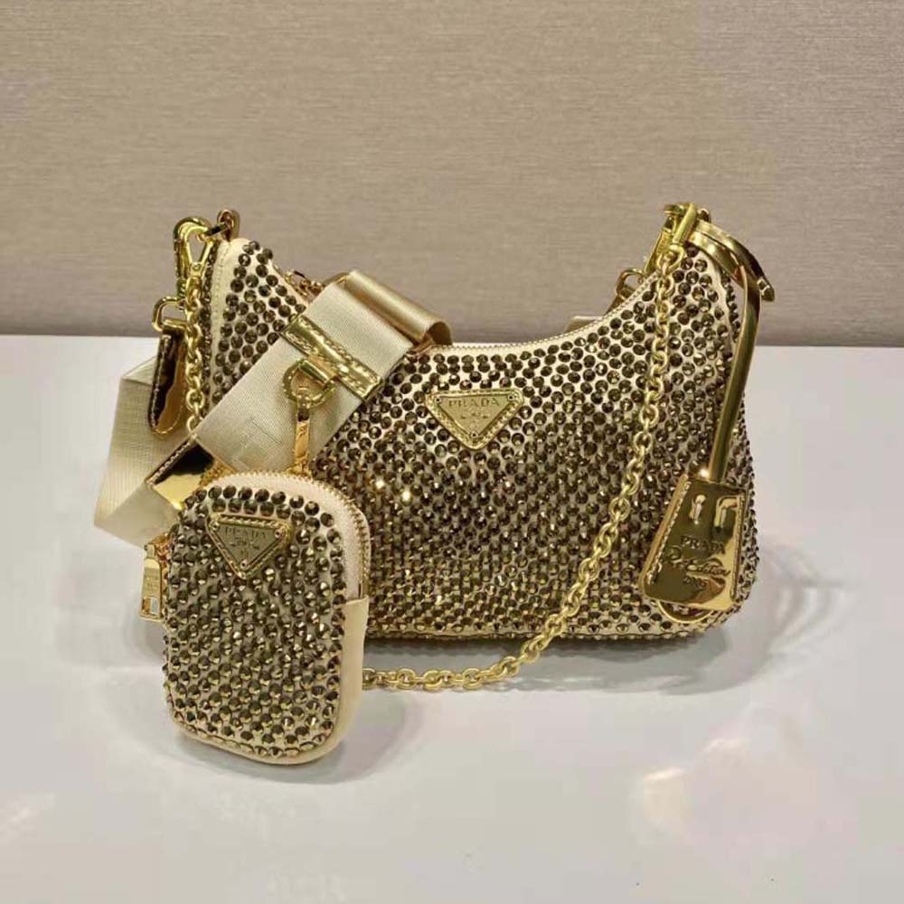 Prada Women Re-Edition 2005 Satin Bag with Crystals-Gold - image 4