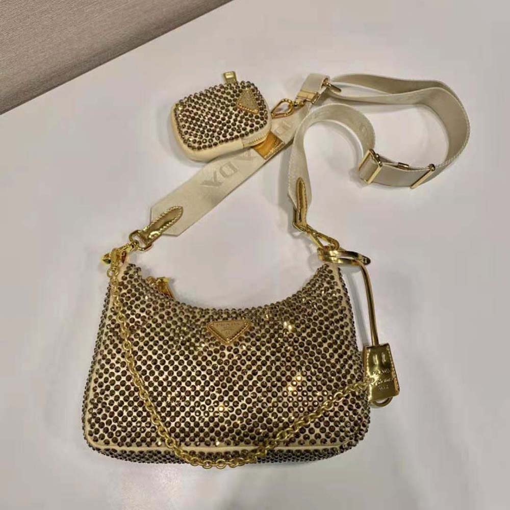Side profile showing gold-tone hardware on Prada Women Re-Edition 2005 Satin Bag with Crystals-Gold