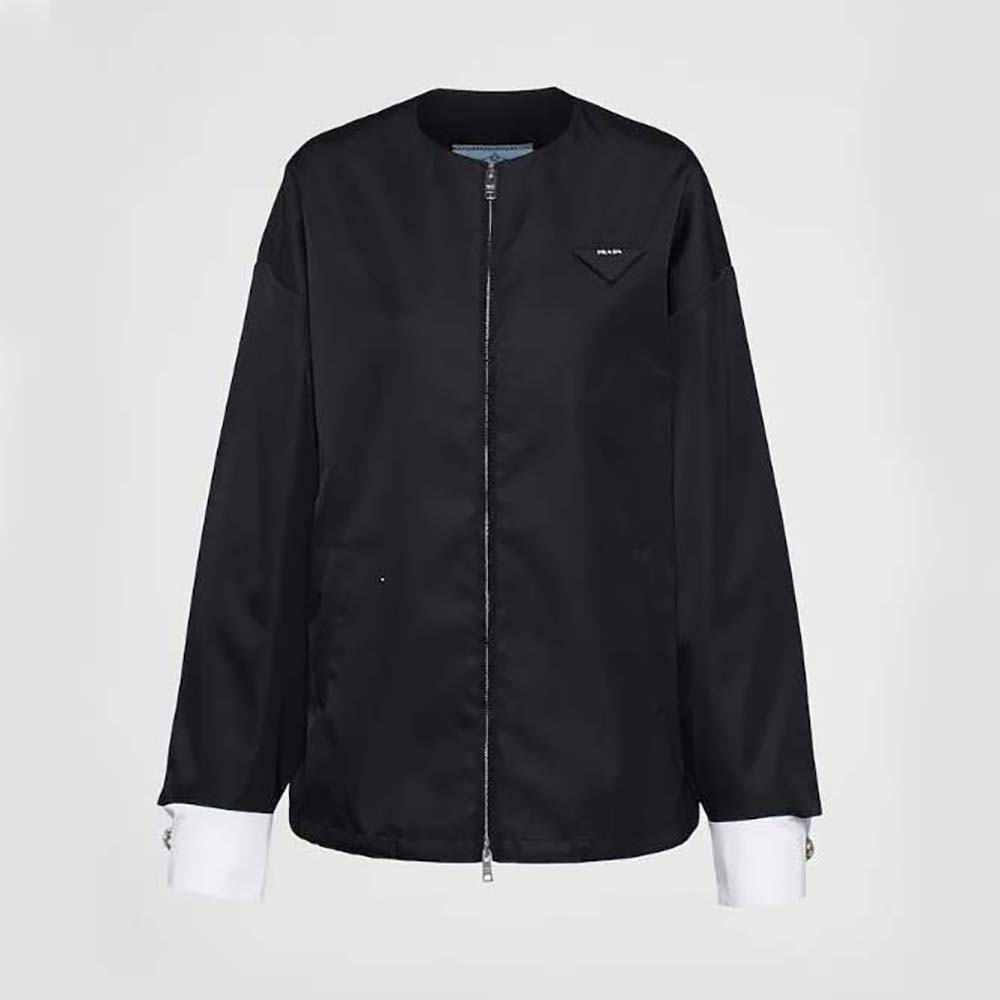 Front view of Prada Women Re-Nylon Blouson Jacket with Detachable Cuffs in black