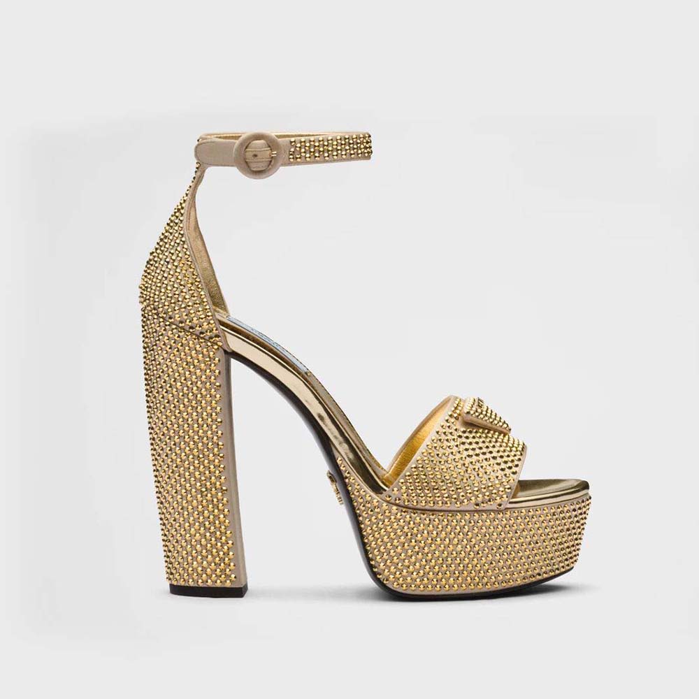 Side view of Prada Women Satin Platform Sandals with Crystals-Gold showing heel height