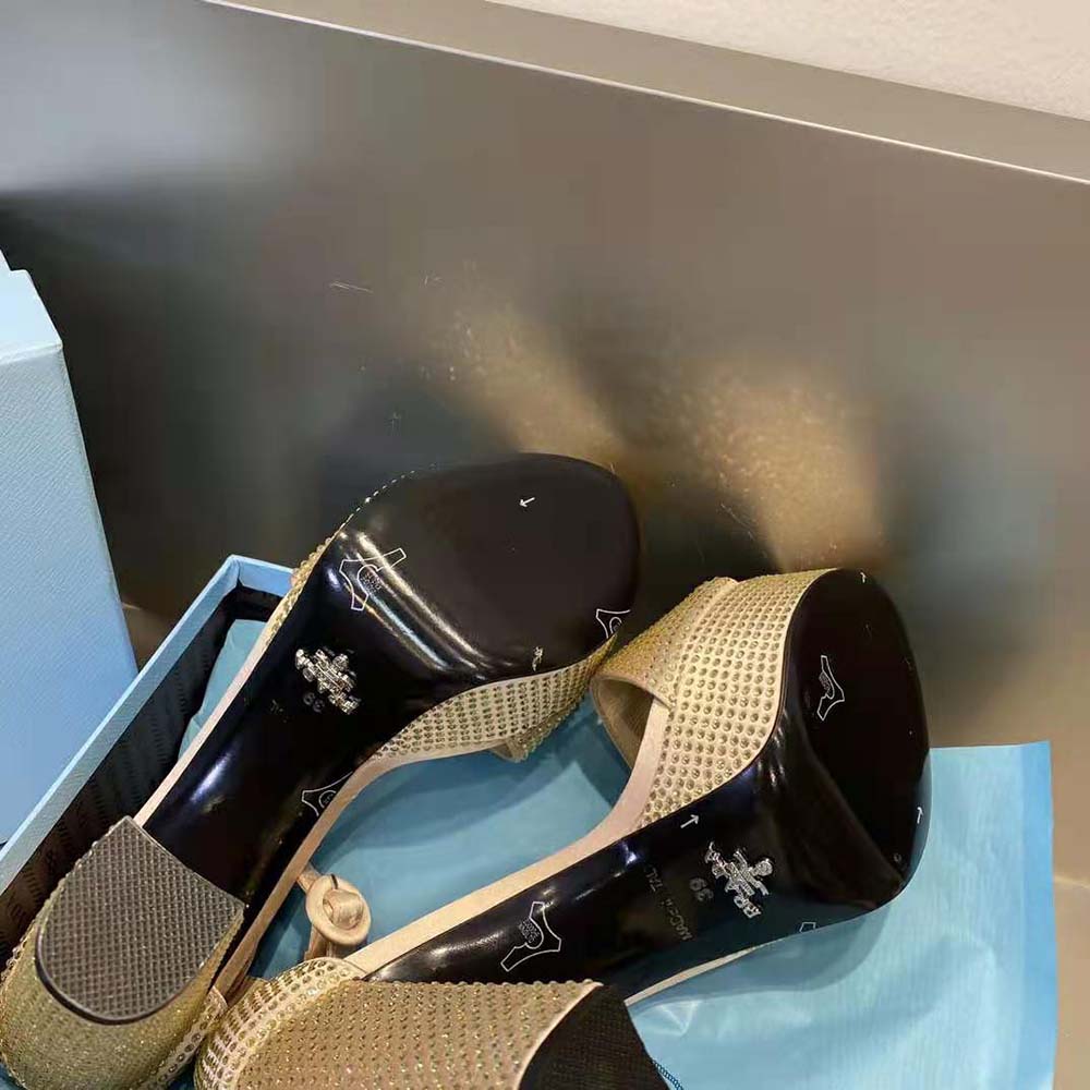 Prada Women Satin Platform Sandals with Crystals-Gold - image 10