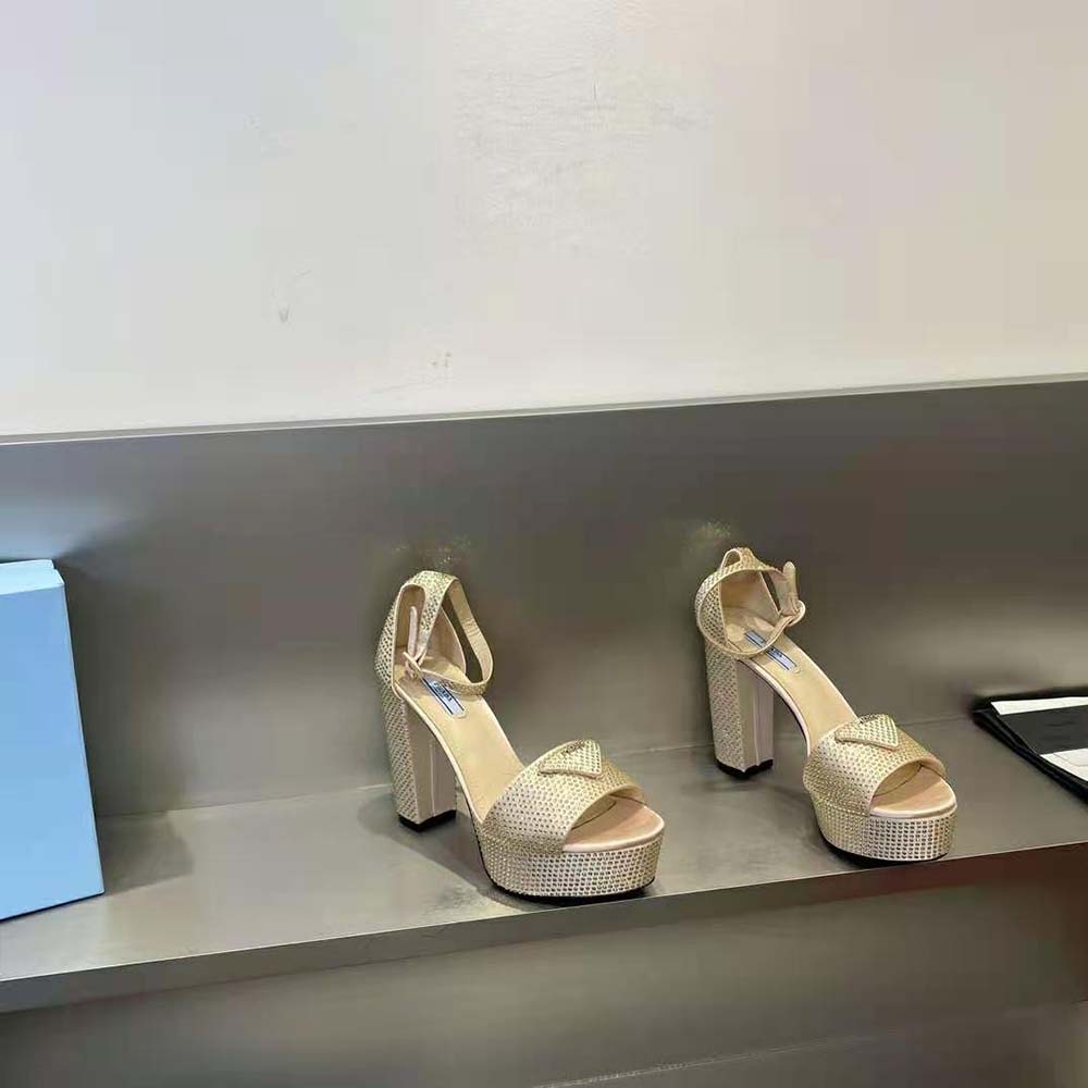 Front angle of Prada Women Satin Platform Sandals with Crystals-Gold highlighting gold satin finish