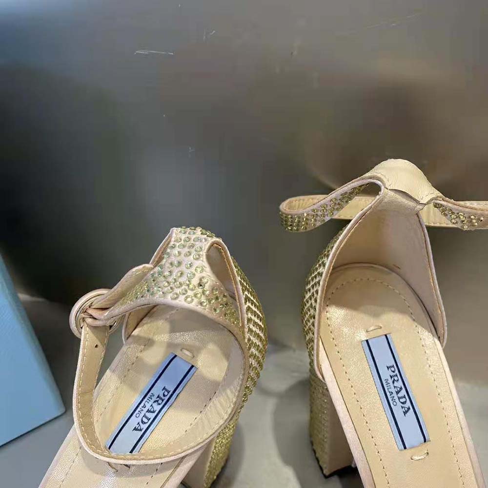 Prada Women Satin Platform Sandals with Crystals-Gold - image 9